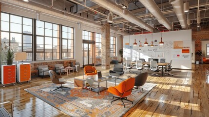 An office with a modern design, filled with digital marketing tools, whiteboards, and collaborative spaces.