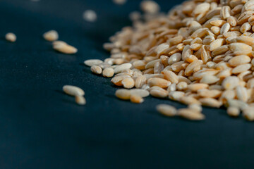 Fototapeta premium close up yellow wheat close-up lies on black and blue background Ukrainian culture, light protein food vegetarianism green crops fruits of the fields