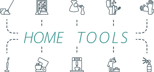 Home tools outline icons set. Creative icons: mop, window cleaning, steam ironing, cleaning toilet, gloves, vacuum mop, mixer, coffee machine, repairing, air freshener.