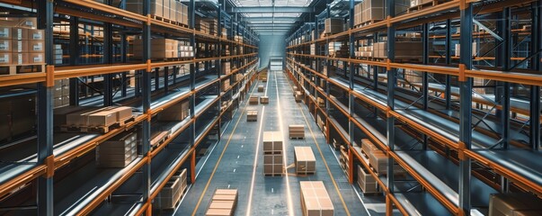 Fototapeta premium Spacious warehouse with large racks filled with boxes and packages, showcasing organized storage and distribution solutions.