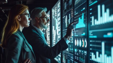 Two business professionals analyzing data on large digital screens in a modern office setting.