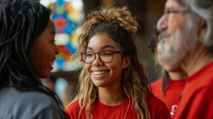 Fototapeta premium Young woman with glasses smiling while interacting with people in a colorful indoor setting.