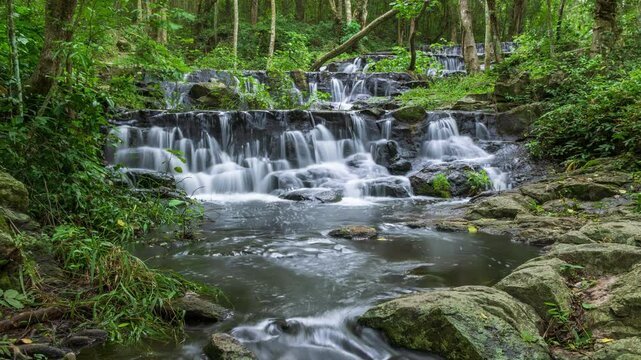 Waterfall in tropical rainforest in Namtok Samlan National Park, Saraburi, Thailand; zoom in - Time Lapse