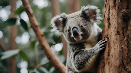 Naklejka premium cute Koala Bear climbing on the tree looking at the camera, , copy space