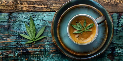 Relaxation with CBD-infused Coffee, Vape, Joints, and Edibles. Concept CBD Coffee, Vape, Joints, Edibles, Relaxation