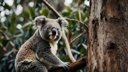 Obraz premium cute Koala Bear climbing on the tree looking at the camera, , copy space