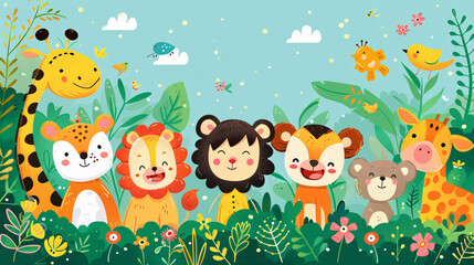 Obraz premium Simple cartoon scene with happy children and animals for a colorful nursery