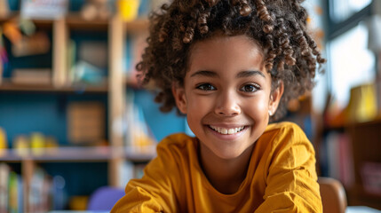 Smiling elementary student doing homework with digital resources and technology