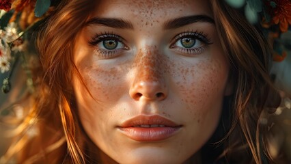 Fototapeta premium Young woman with serene expression and flower crown against blurred nature background. Generative AI