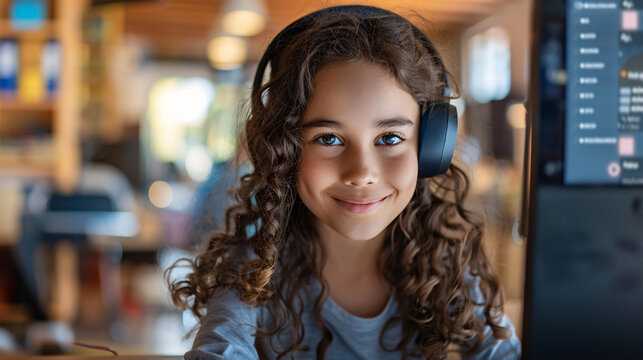 Smiling elementary student doing homework with digital resources and technology
