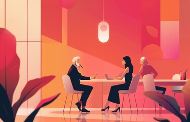 Flat illustration of three people sitting at a table.
