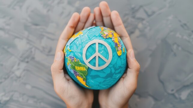 Hands holding globe with peace symbol for International Day of Peace, promoting global unity and care.