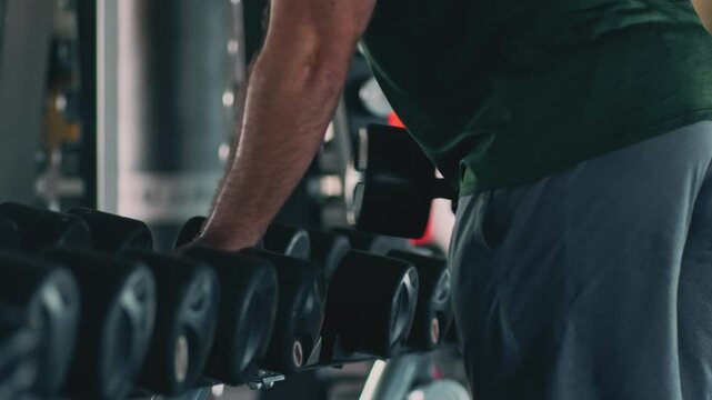 Close up view on overweight man taking dumbbells from rack at gym, slow motion
