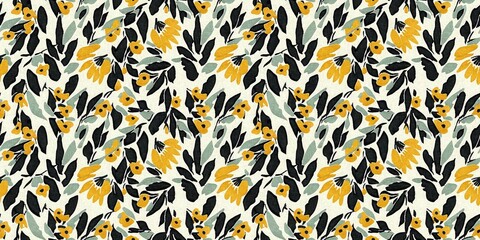 Modern printed fabric flower block print pattern with linen texture effect. Stylized boho dark floral for chic fashion background motif border design.