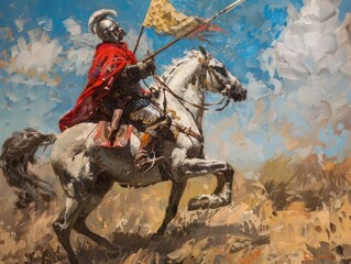 Fototapeta premium Medieval Knight on Horseback with Red Cape