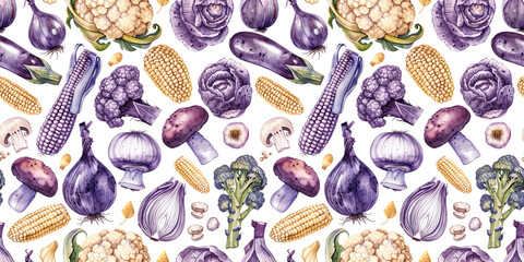 Healthy eating with various of purple fruits and purple vegetables in water color with seamless pattern flat lay design.white background texture