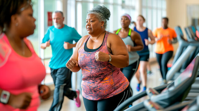 Elderly overweight woman exercising on treadmill with group in gym
