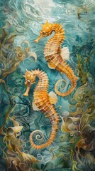 Capture the delicate dance of seahorses amidst swirling seaweed in a watercolor masterpiece, showcasing fluid movements and ethereal beauty
