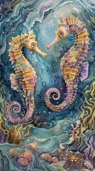 Obraz premium Capture the delicate dance of seahorses amidst swirling seaweed in a watercolor masterpiece, showcasing fluid movements and ethereal beauty