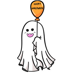 Cute cartoon ghost with balloon in Halloween illustration