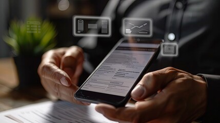 Invoice and online digital statements concept. Businessman using smartphone with invoice icons on virtual screen