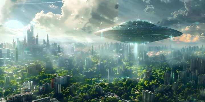 Futuristic cityscape with UFO hovering above featuring advanced technology and alien presence. Concept Futuristic Technology, Alien Encounter, Cityscape, UFO, Advanced Technology