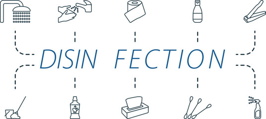 Disinfection outline icons set. Creative icons: shower, washing hands, toilet paper, lotion, nail clipper, mop, mouthwash, tissue box, cotton swab, cleaning spray.