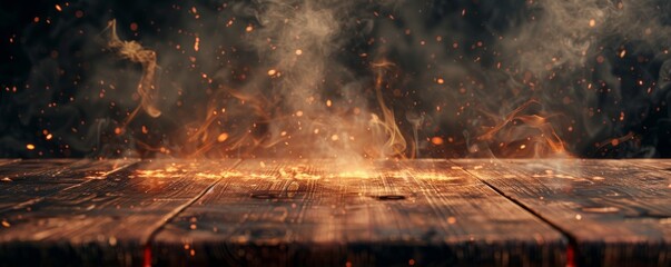 Blank wooden table with a fire burning at the edge of the table, fire sparks and smoke with flames on a dark background to display products