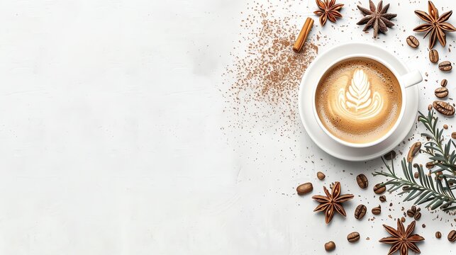 Top view of a cup of cappuccino with latte art, spices, coffee beans, and cinnamon on a white background. Cozy and warm coffee theme.