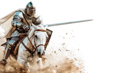 A valiant knight in shining armor riding a white horse, charging into battle with a lance, creating a dramatic action scene.