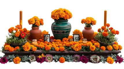 Day of the Dead altar for Hispanic Heritage Month, traditional Mexican ofrenda, cultural celebration of heritage and remembrance, png file, isolated on white