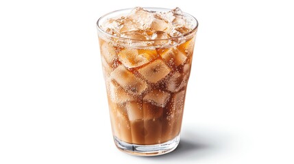 Refreshing glass of iced tea filled with ice cubes, isolated on a white background, perfect for summer and beverage concept.