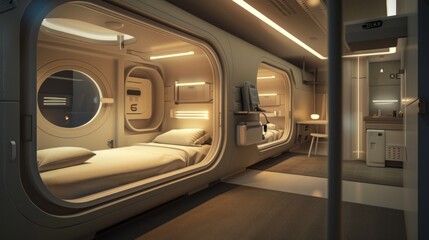 Fototapeta premium Illustrate a cozy, futuristic sleeping capsule in a capsule hotel, with soft lighting and modern amenities. 