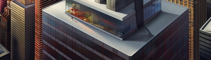 Obraz premium Aerial view of city buildings with grey and brown roofs.