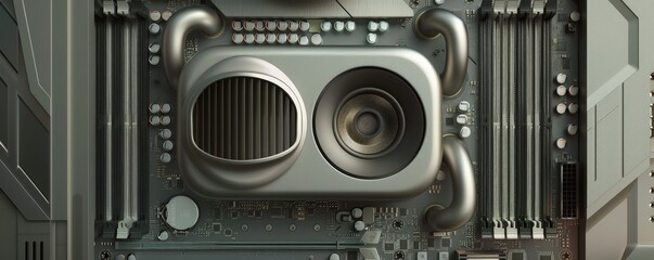 Fototapeta premium Close-up of a computer motherboard with a cooling fan.