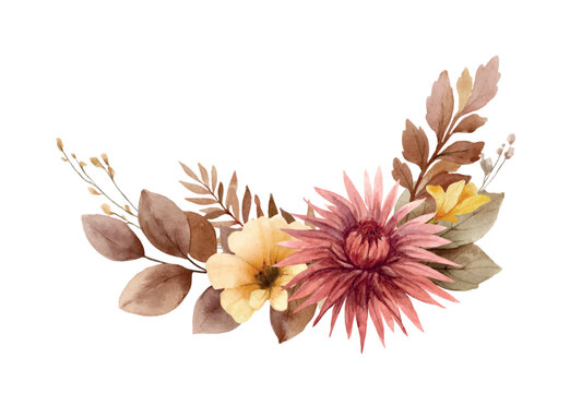 Autumn vector floral illustration clipart. Fall wreath. Burnt orange, burgundy and terracotta flowers for rustic wedding design, greeting cards, thanksgiving decoration.