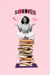 Vertical photo collage of happy american girl sit pile book stack bookworm hobby educated student...