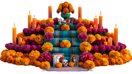Day of the Dead altar for Hispanic Heritage Month, traditional Mexican ofrenda, cultural celebration of heritage and remembrance, png file, isolated on white
