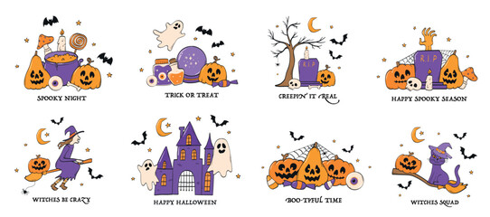 Set of Halloween doodles, compositions, scenes for prints, cards, banners, stickers, stationary, posters, invitations, etc. EPS 10
