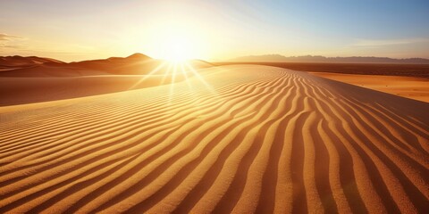 Naklejka premium Desert landscape at sunset, vast sand dunes casting long shadows golden and orange tones, tranquil and expansive, soft sunlight