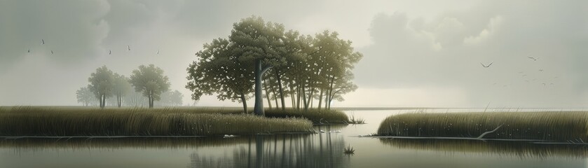 Misty morning with trees reflected in still water.