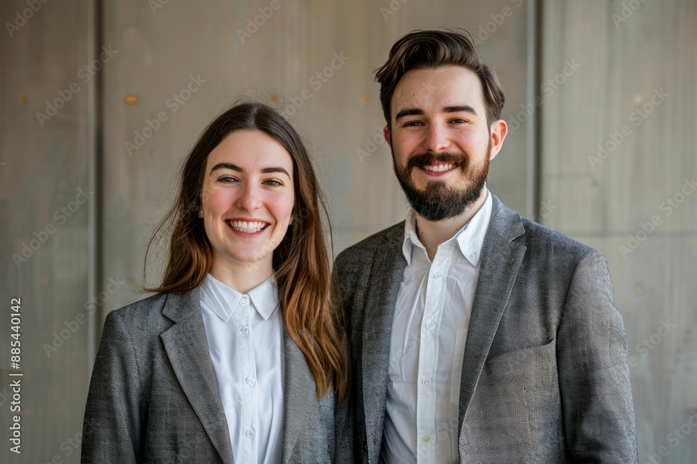 Wall mural portrait of a smiling couple in their 20s dressed in a stylish blazer while standing against minimal