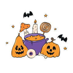 Naklejka premium halloweeb scene with doodles for posters, prints, cards, banners, signs, invitations, stickers, apparel decor, etc. EPS 10
