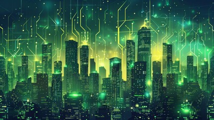 Fototapeta premium Futuristic Smart Cyber City illustration: Innovative Urban Landscape in Digital Circuitry, futuristic technology concept, Graphic Resources, Wallpapers, Brochure, Websites, banner design, Advertising,