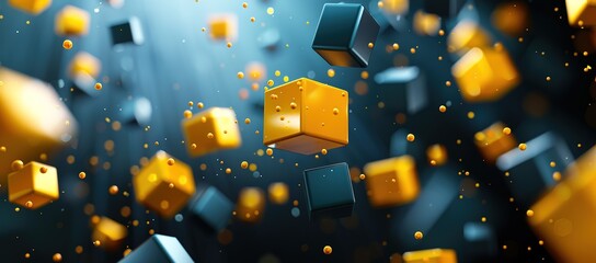 several cubes of different colors floating in the air with a blur effect background