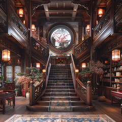 Obraz premium A grand staircase in the center of an old mansion, with carved wooden railings leading up to it and classical bookshelves on both sides. The walls feature intricate carvings and paintings