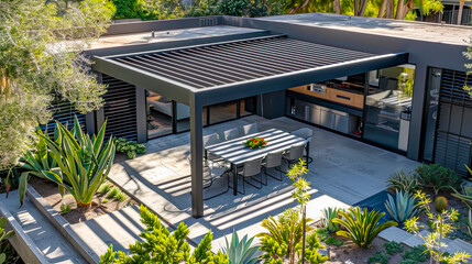 Eine Pergola in Landschaft von Kalifornien. Outdoor Essbereich. 