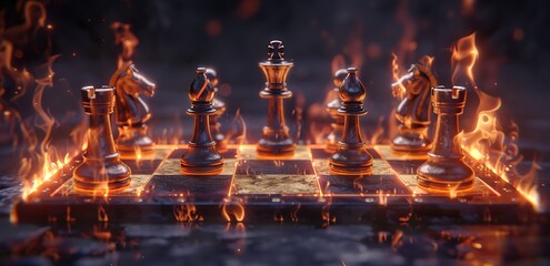 several chess pieces on a chess board with a fire effect on a black background