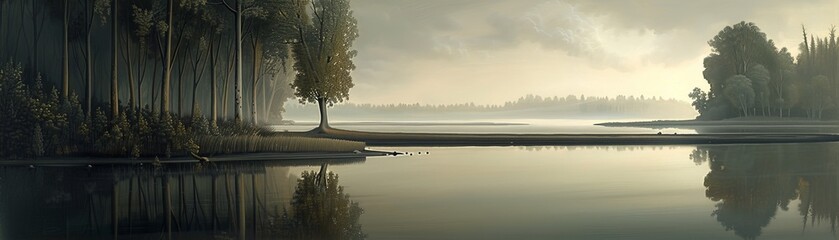 Obraz premium Tranquil lake scene with trees and misty morning sky.