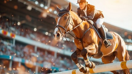 Equestrian jumping over obstacle at sunny competition arena.